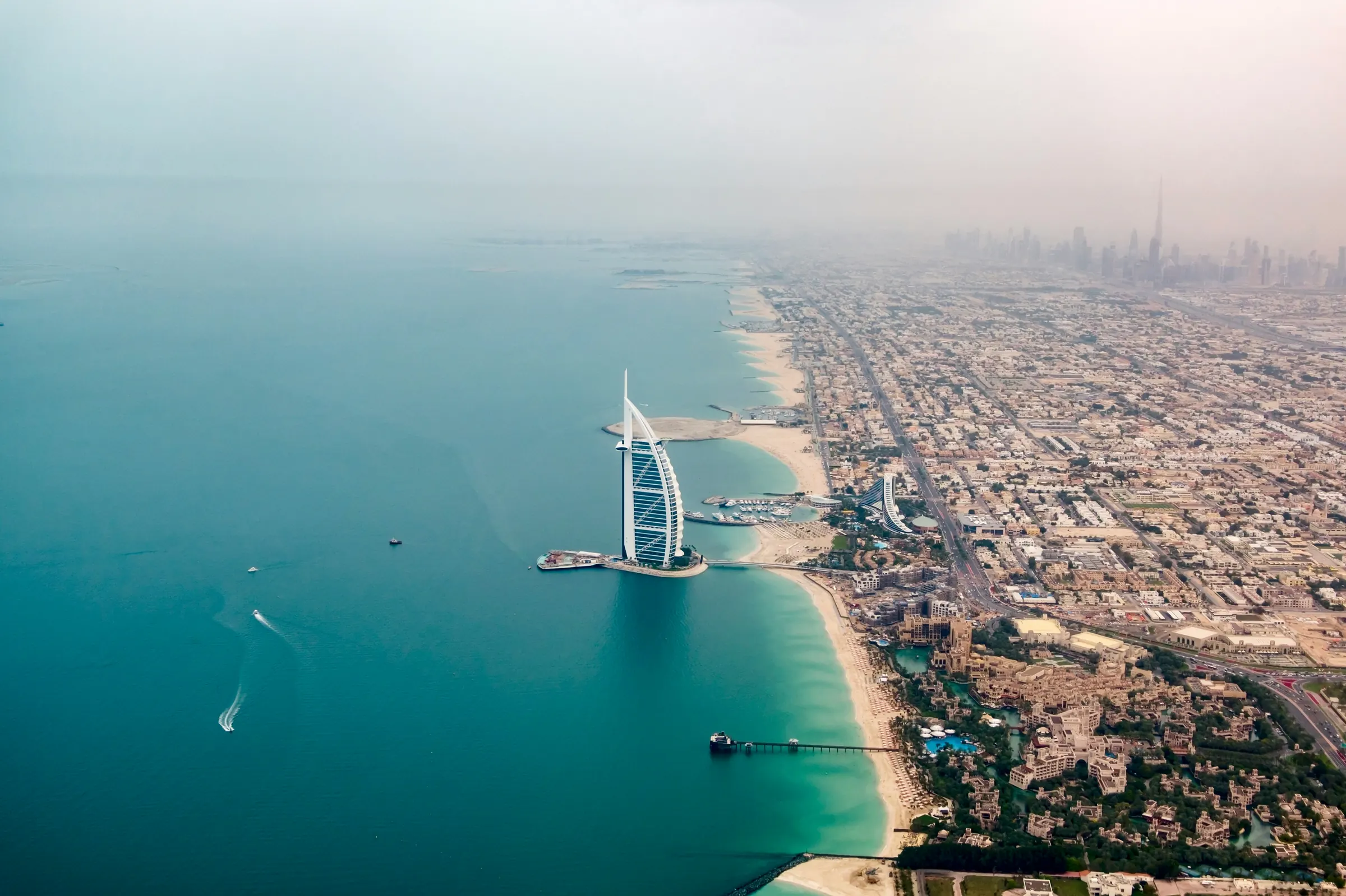 Aerial view of the Burj Al Arab and the Dubai coast